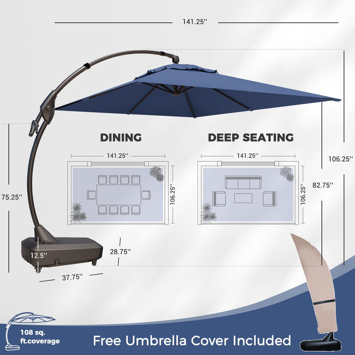 9x12 FT Navy Blue Cantilever Umbrella with Base & Cover Y982383