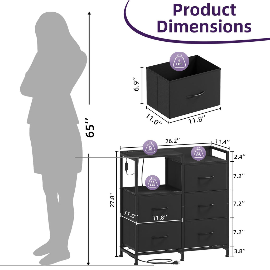 Wide 5 Drawer Nightstand with Charging Station & LED Light O334