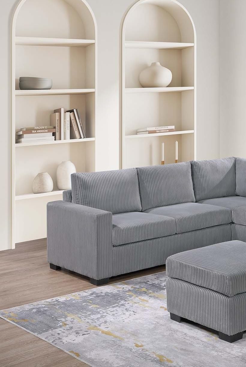 Light Gray 4pc Corduroy Sectional Sofa Set with Ottoman H663