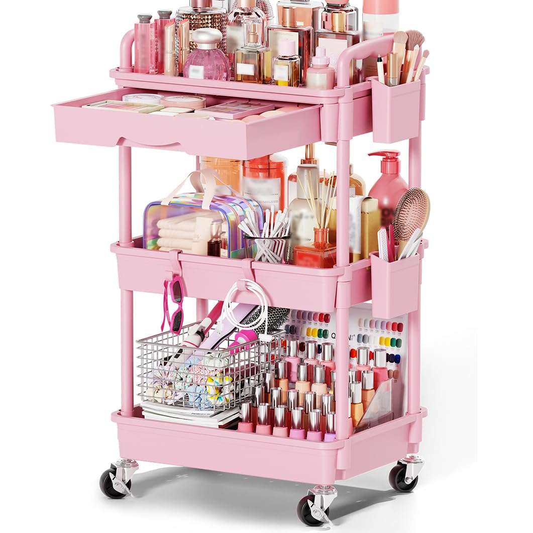 Pink 3 Tier Rolling Makeup Organizer Cart U593724