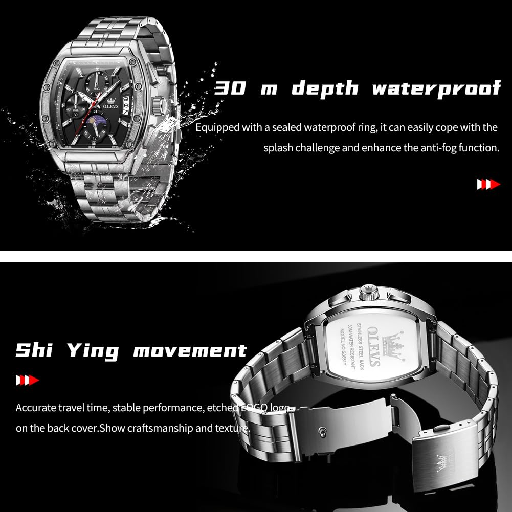 Men Big Square Face Chronograph Stainless Steel Dress Watch H3860