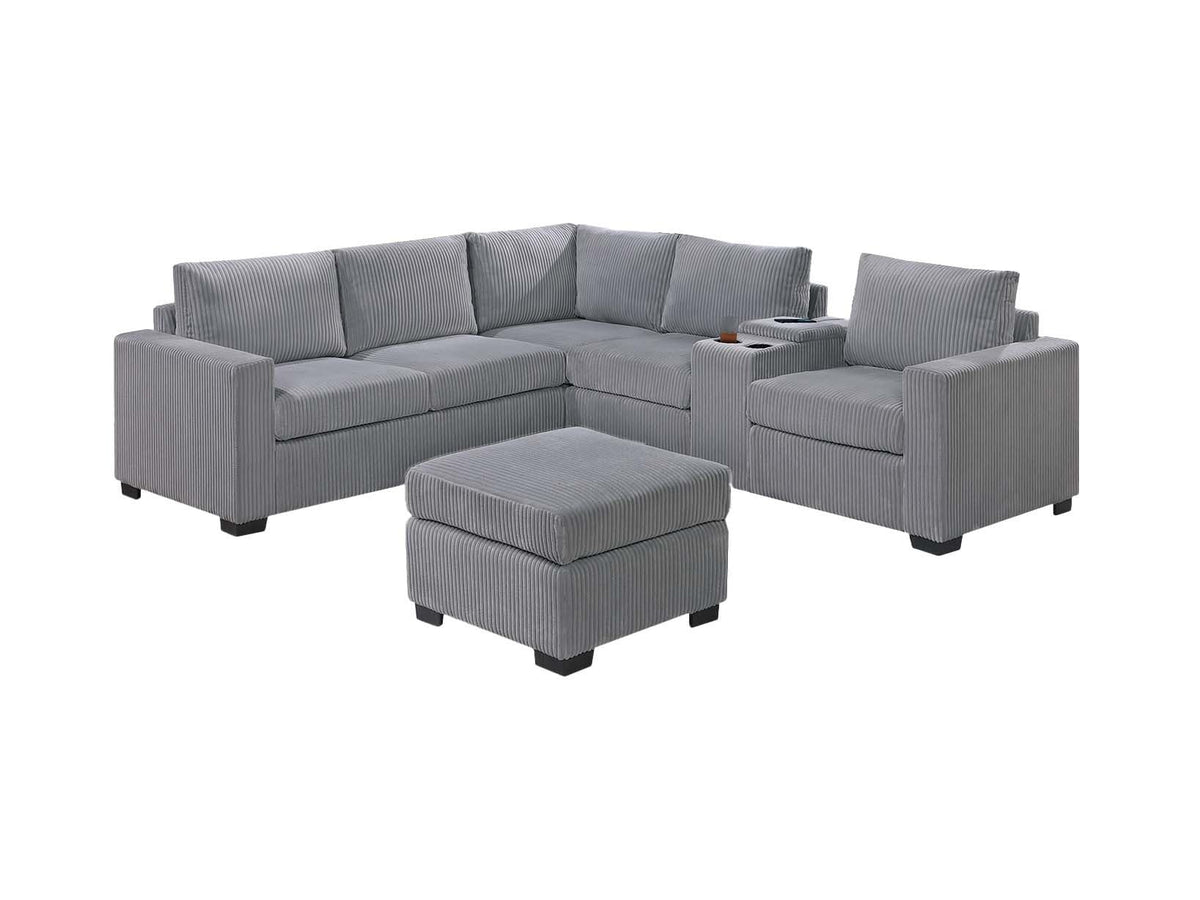 Light Gray 4pc Corduroy Sectional Sofa Set with Ottoman H663
