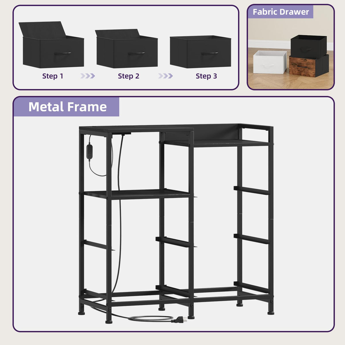Wide 5 Drawer Nightstand with Charging Station & LED Light O334