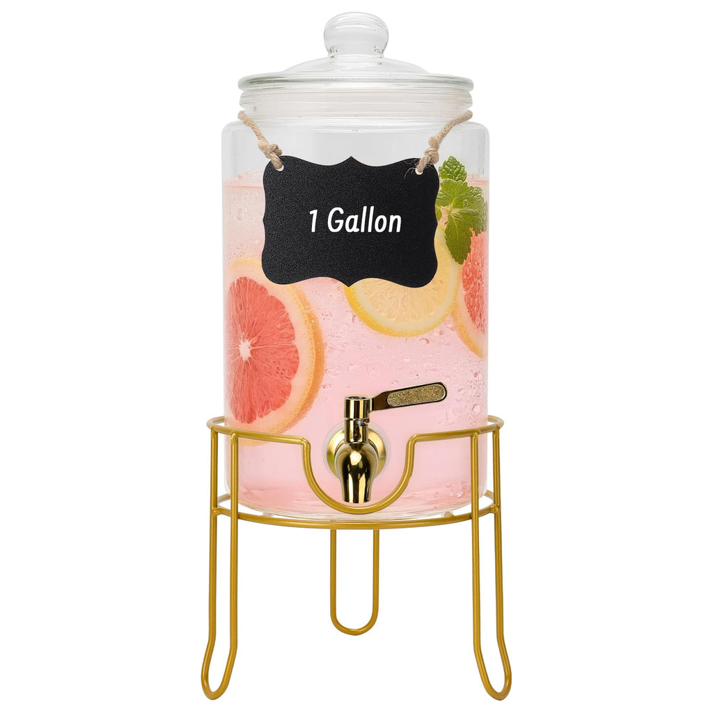 1 Gallon Glass Beverage Dispenser with Glass Airtight Lid and Stainless Steel Spigot D931