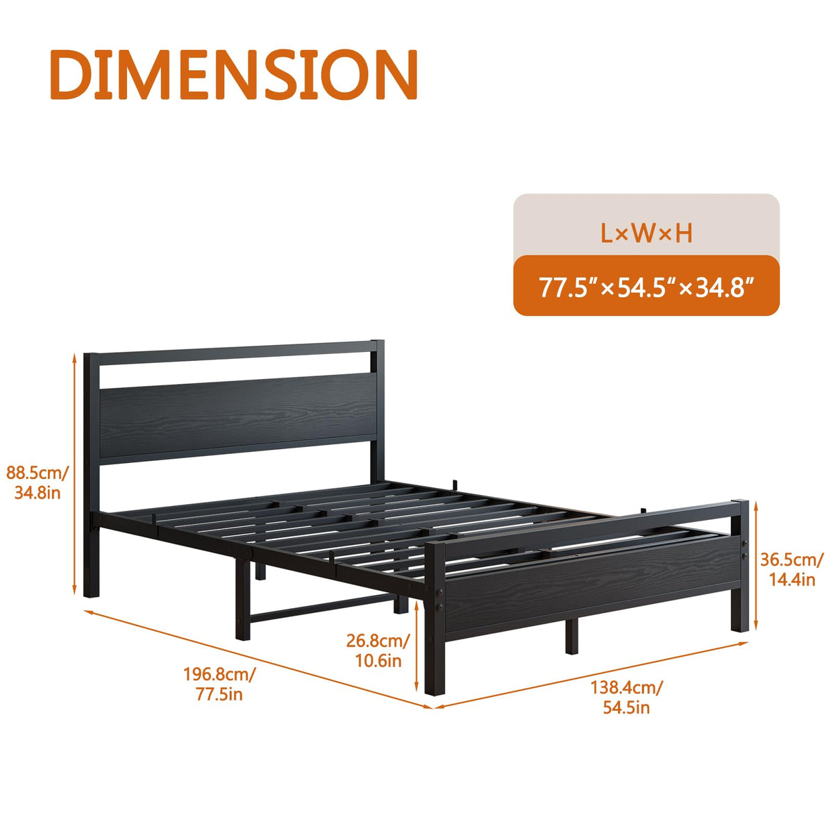 Black Full Size Bed Frame with Wood Headboard and Storage M1514