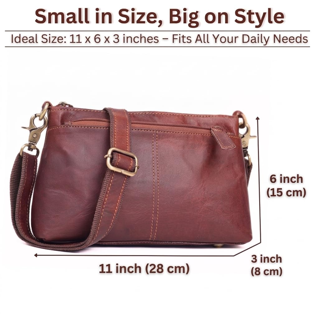 Small Genuine Leather Crossbody Bag with 3 Zipper Pockets M6576
