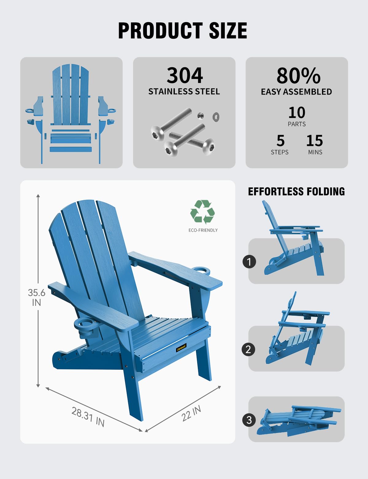 Folding Adirondack Chair with 2 Cup Holder Blue U543642
