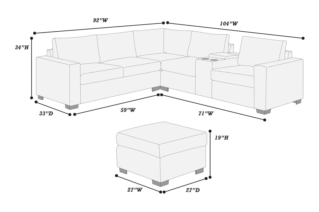 Light Gray 4pc Corduroy Sectional Sofa Set with Ottoman H663