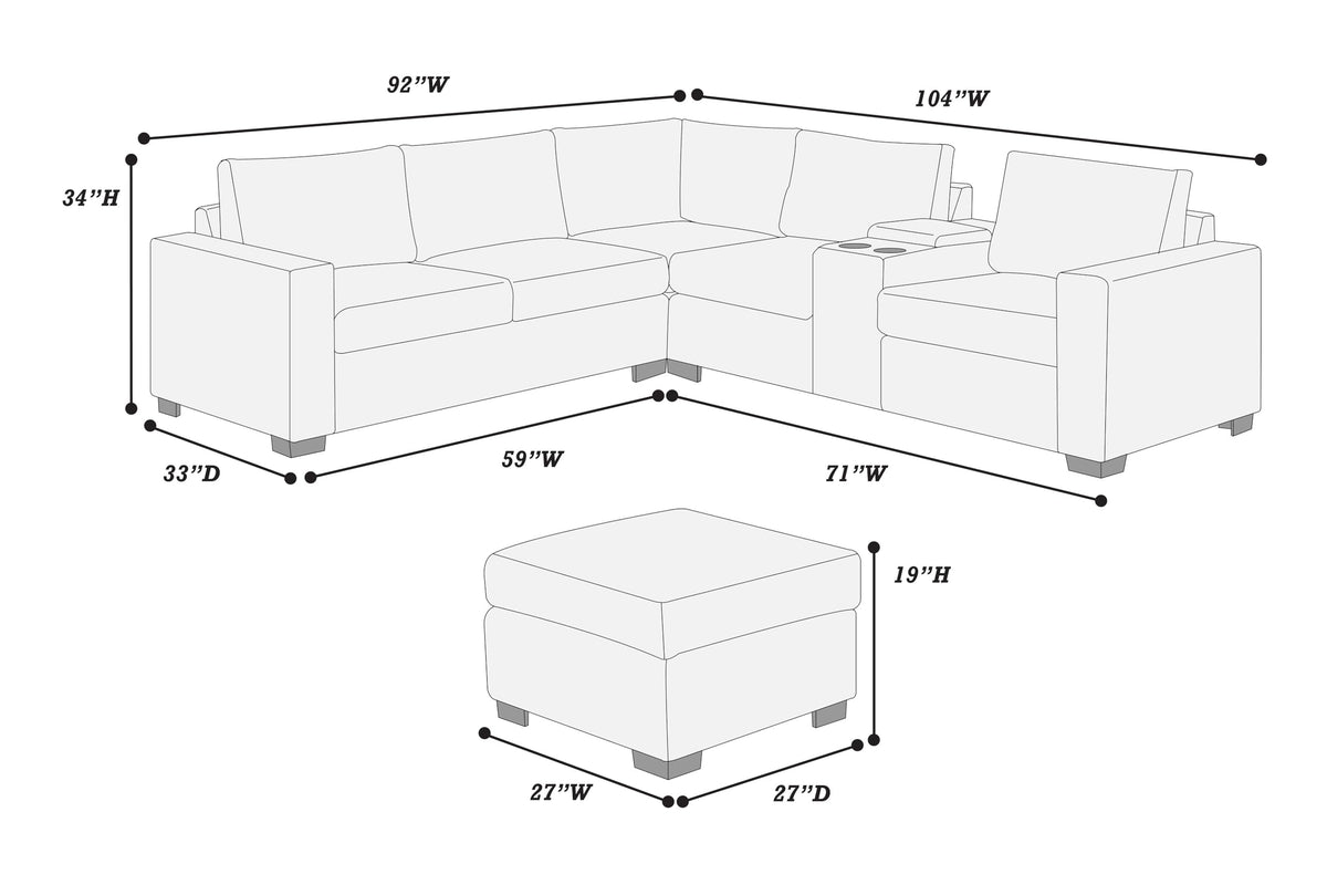 Light Gray 4pc Corduroy Sectional Sofa Set with Ottoman H663