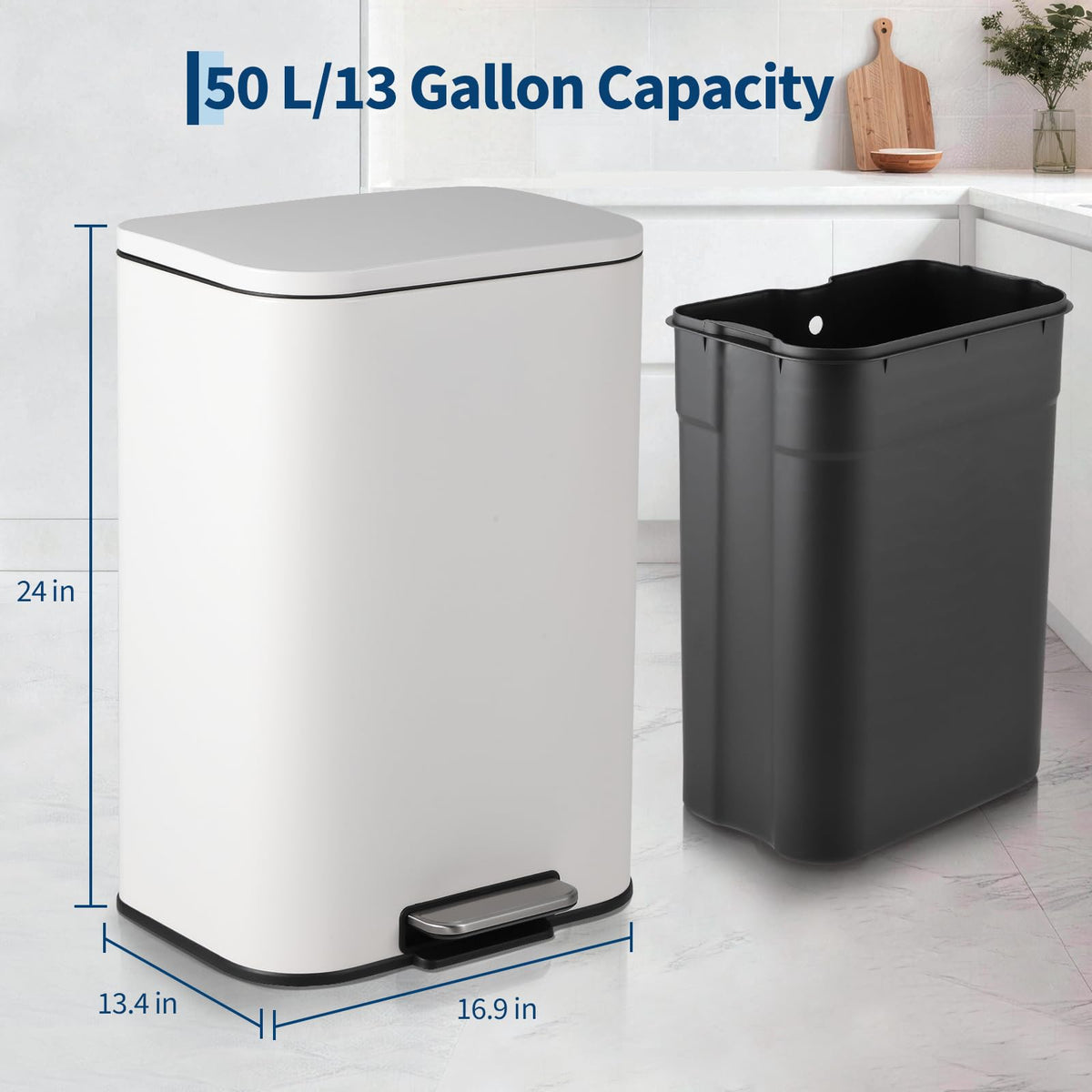 13.2 Gallon White Stainless Steel Step Trash Can D515