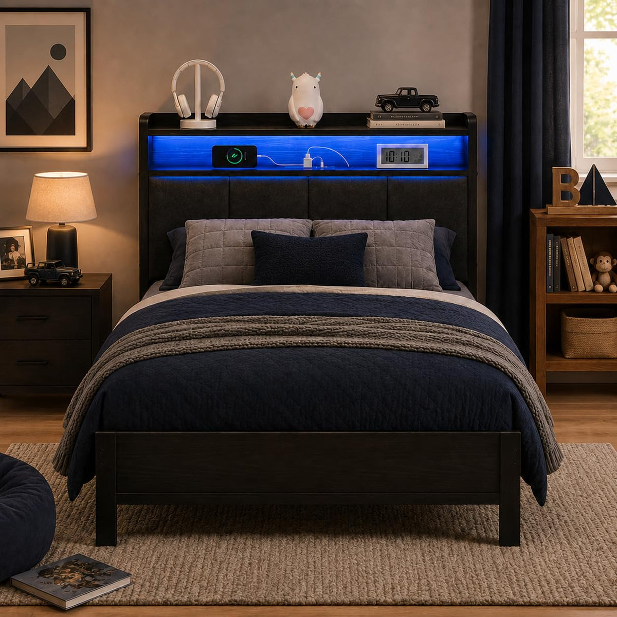 Dark Grey Twin Bed Frame with LED Lights and Charging Station F317142