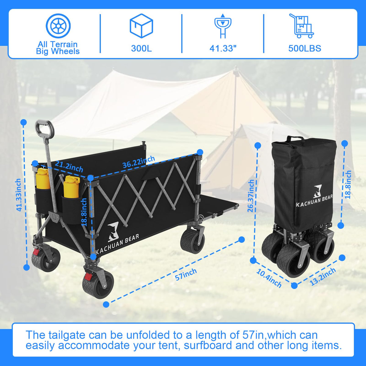 57" L Collapsible Foldable Wagon with Tailgate & Brake, 500LBS Heavy Duty Beach Wagons with All-Terrain Big Wheels, 300L Folding Utility Cart (Black) U75027