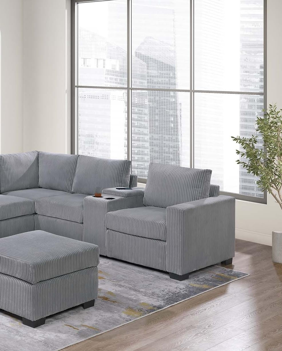 Light Gray 4pc Corduroy Sectional Sofa Set with Ottoman H663
