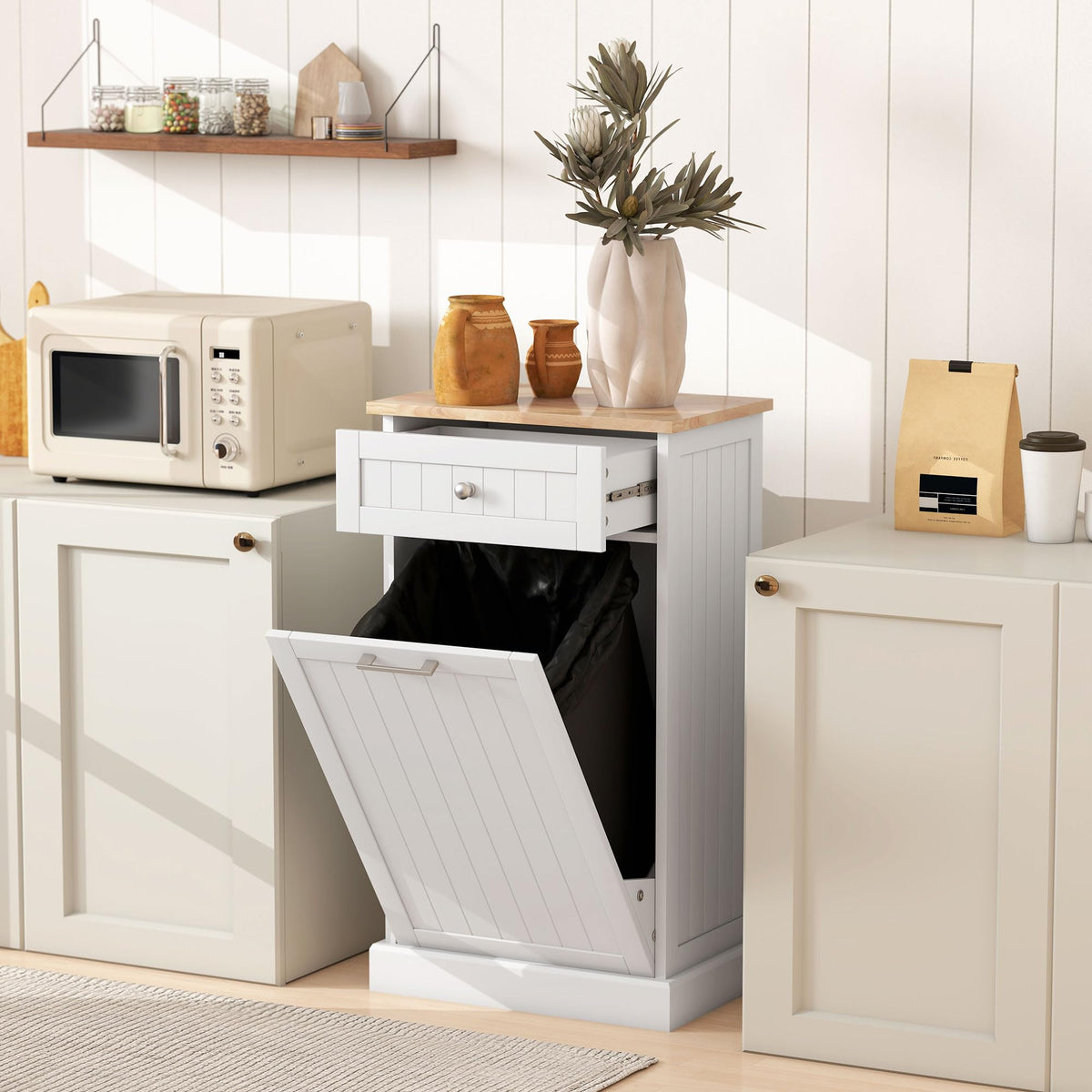 White Wooden 10 Gallon Tilt-Out Trash Cabinet with Drawer L96504