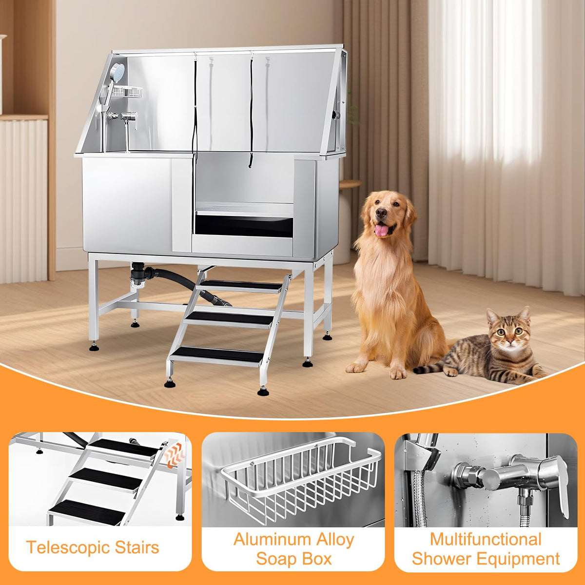 Stainless Steel Dog Washing Station with Stairs W572911