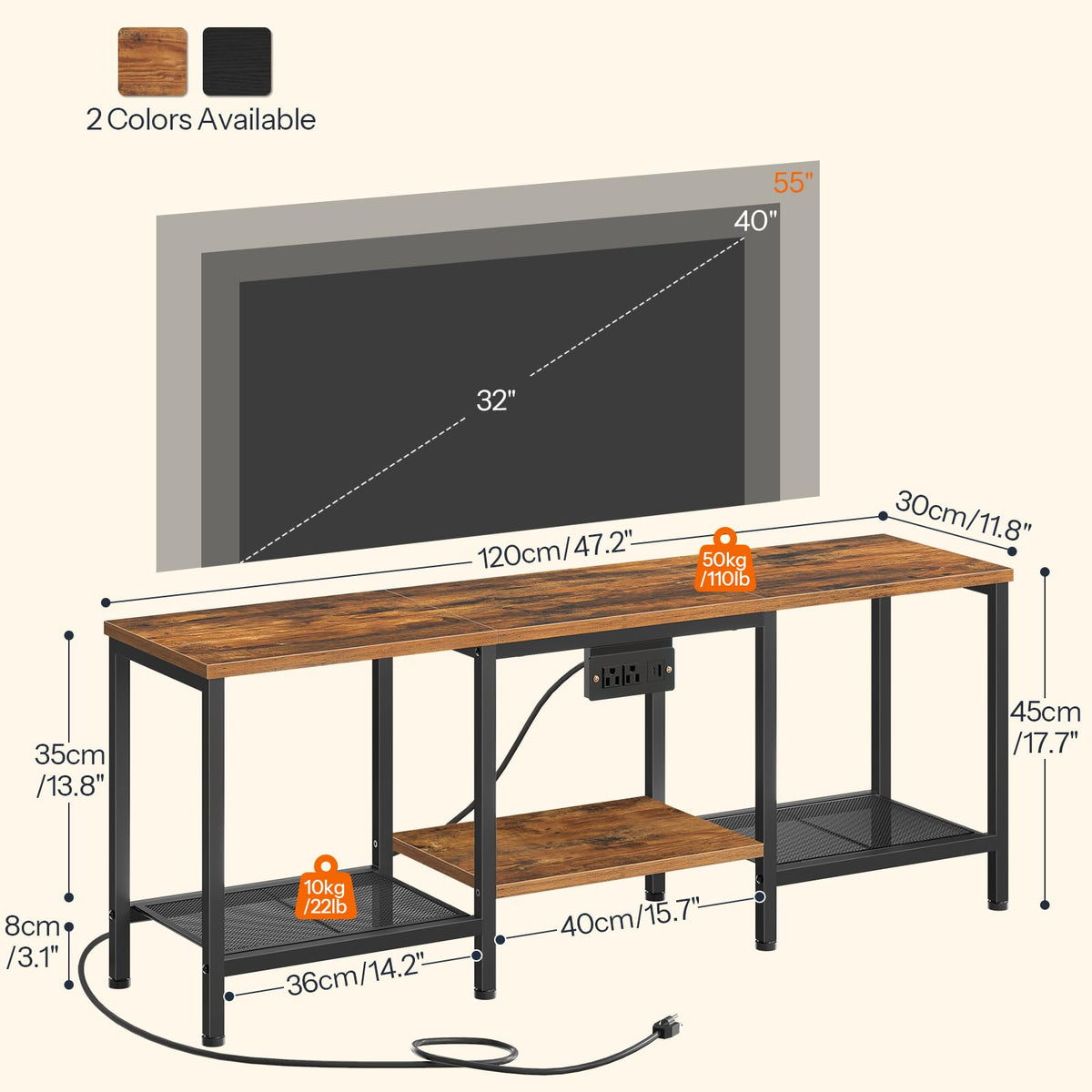 Rustic Brown and Black TV Stand with Charging Station P7157