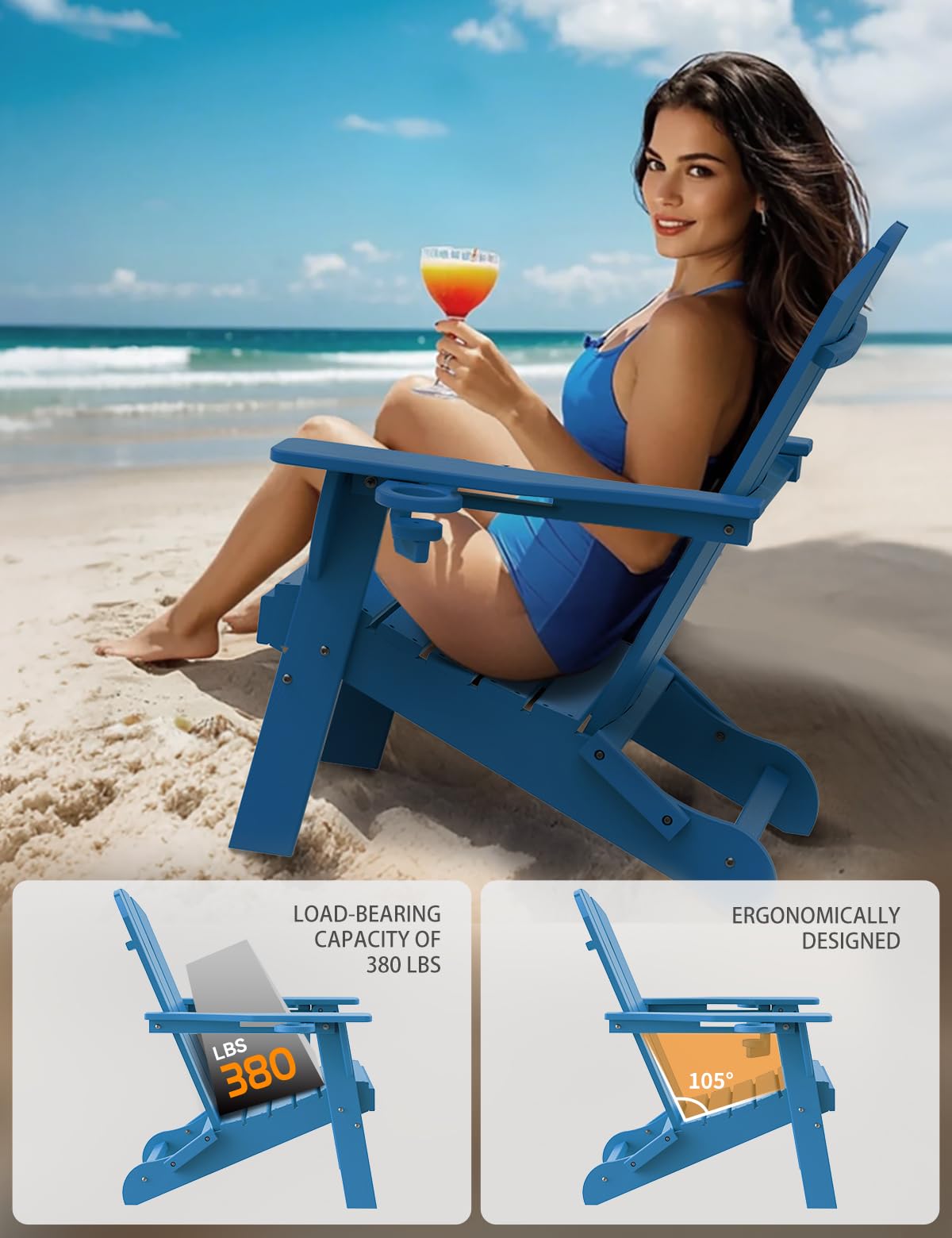 Folding Adirondack Chair with 2 Cup Holder Blue U543642