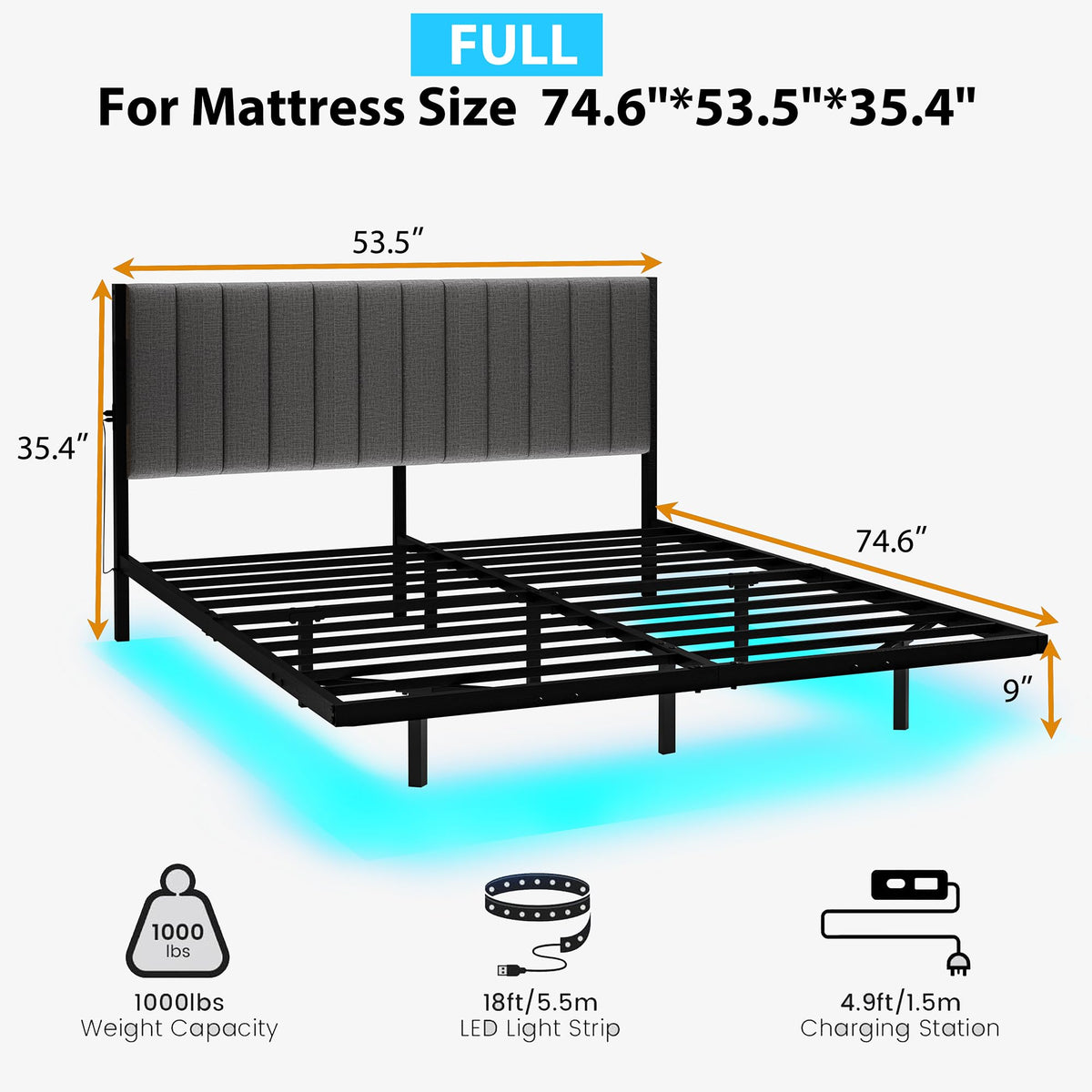 Full Size Metal Platform Bed Frame with LED Lights and Charging Port B19233