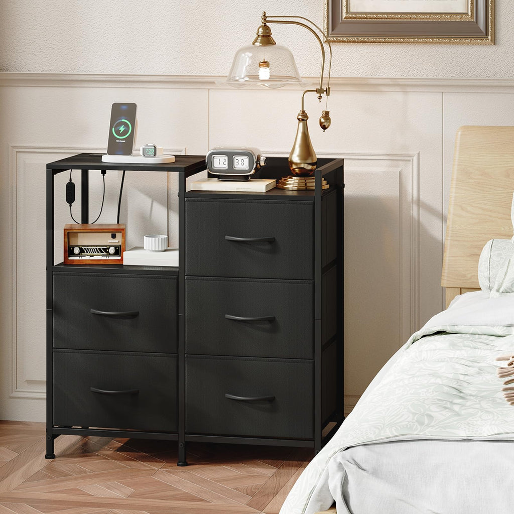 Wide 5 Drawer Nightstand with Charging Station & LED Light O334