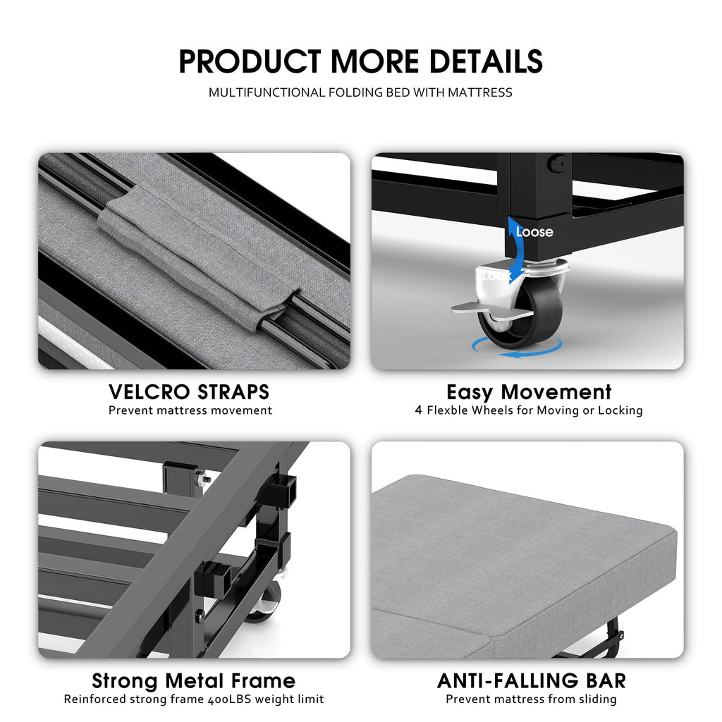 Folding Bed with Mattress, Memory Foam and Metal Frame, 75" x 31" N830
