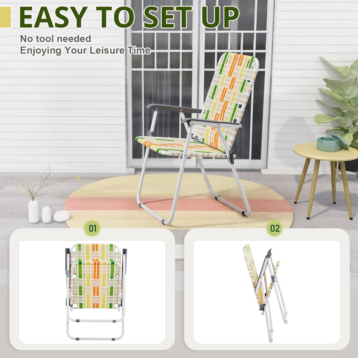 Set of 2 Webbed Folding Beach Chairs Yellow & Green Q94170
