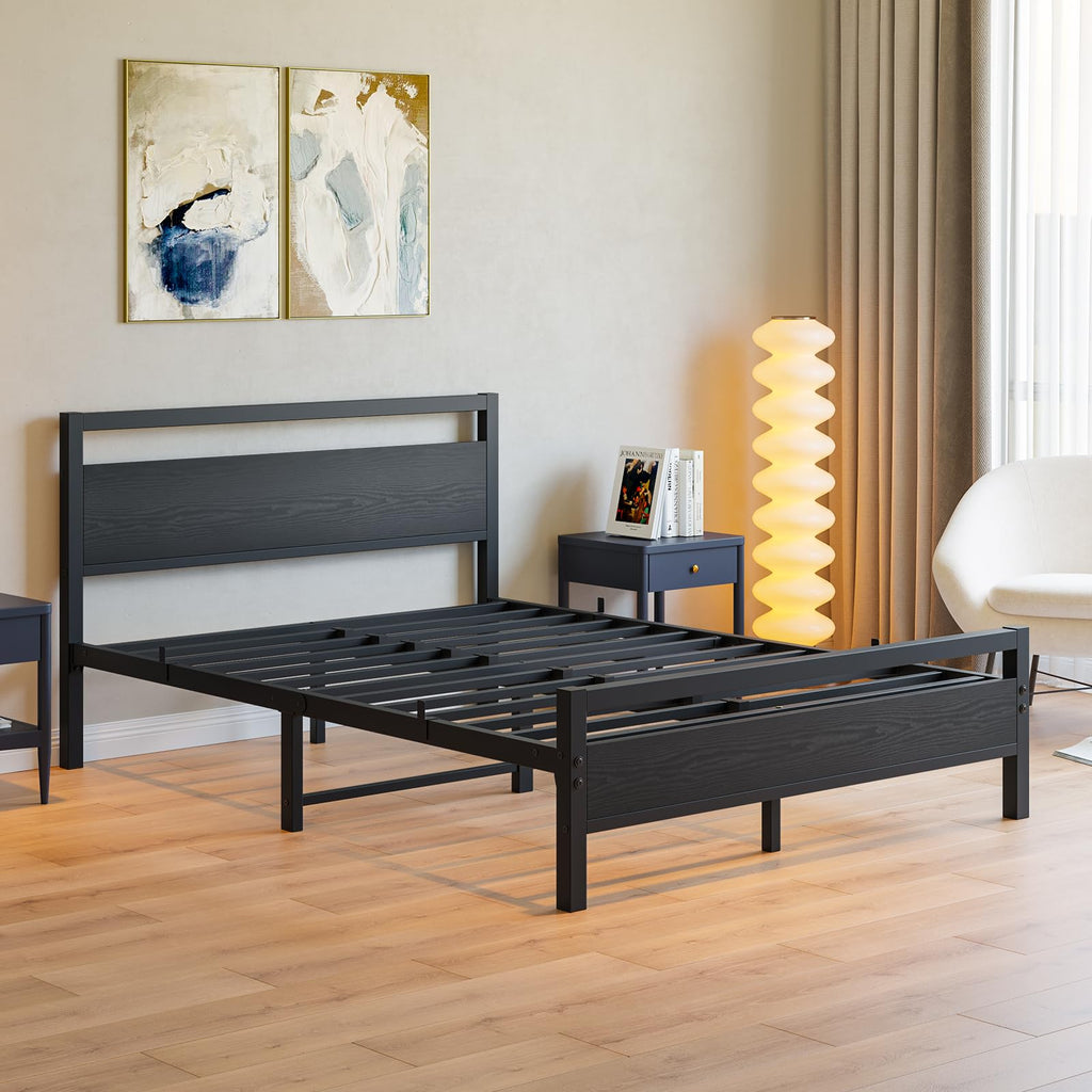 Black Full Size Bed Frame with Wood Headboard and Storage M1514