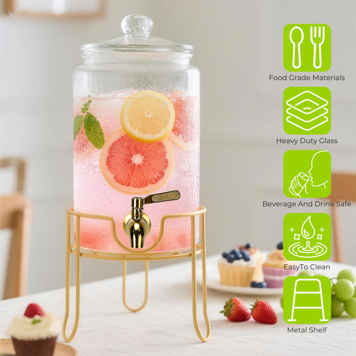 1 Gallon Glass Beverage Dispenser with Glass Airtight Lid and Stainless Steel Spigot D931
