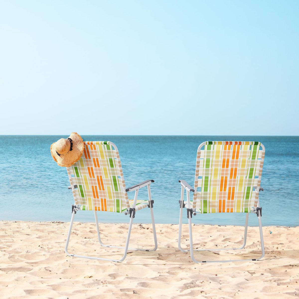 Set of 2 Webbed Folding Beach Chairs Yellow & Green Q94170