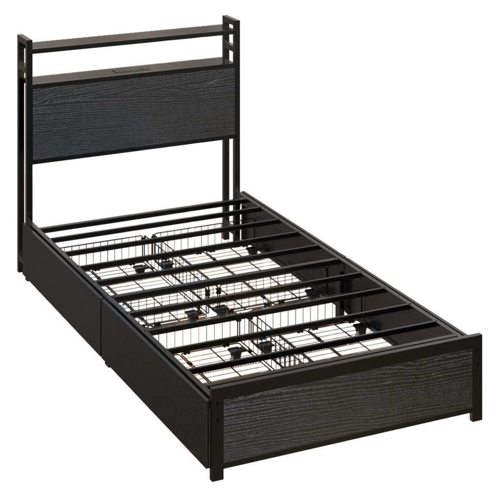 Black Twin Size Metal Bed Frame with 4 Drawers and Storage Headboard W61120