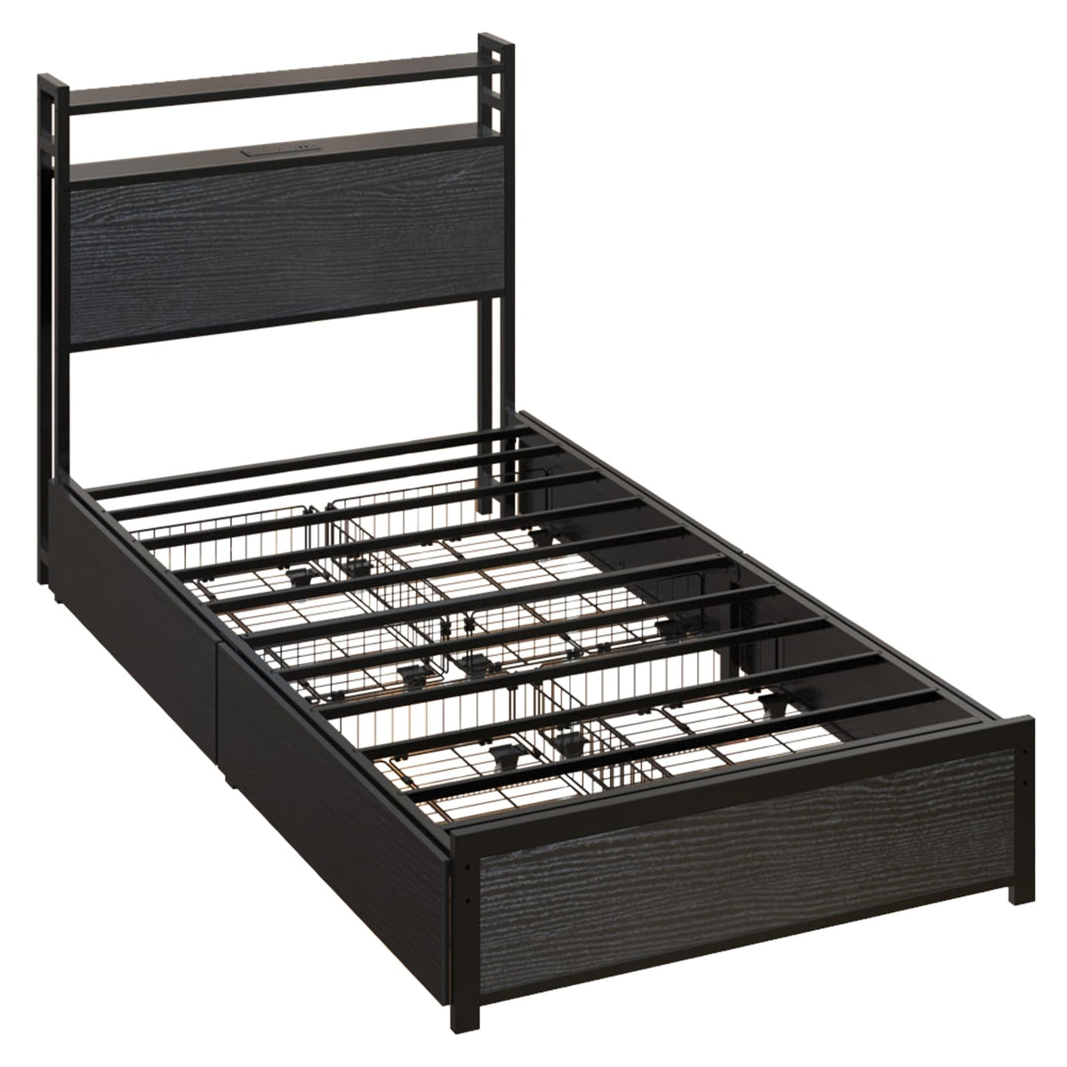 Black Twin Size Metal Bed Frame with 4 Drawers and Storage Headboard W61120