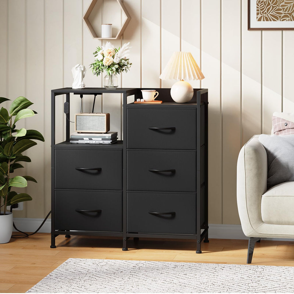 Wide 5 Drawer Nightstand with Charging Station & LED Light O334