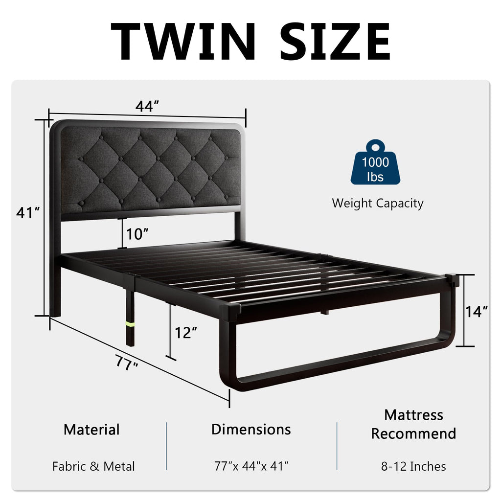 Twin Metal Platform Bed Frame with Linen Upholstered Headboard G3103