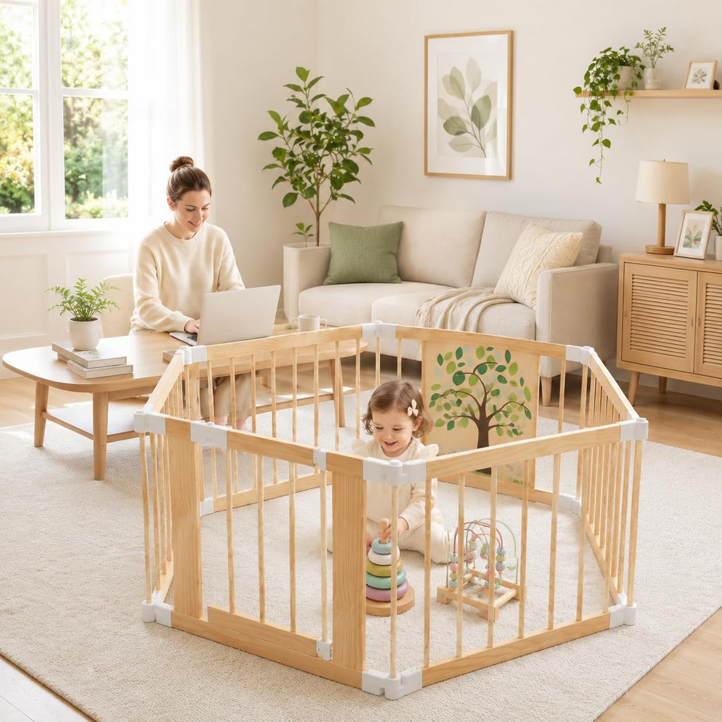 Foldable Wooden Baby Playpen with Adjustable Size and Shape E739