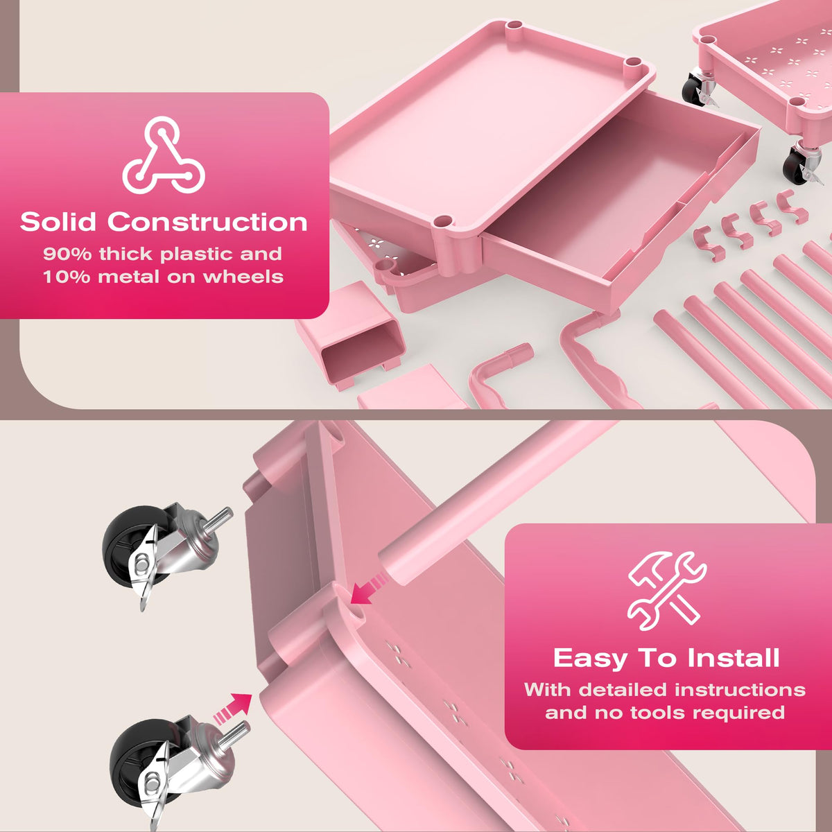 Pink 3 Tier Rolling Makeup Organizer Cart U593724