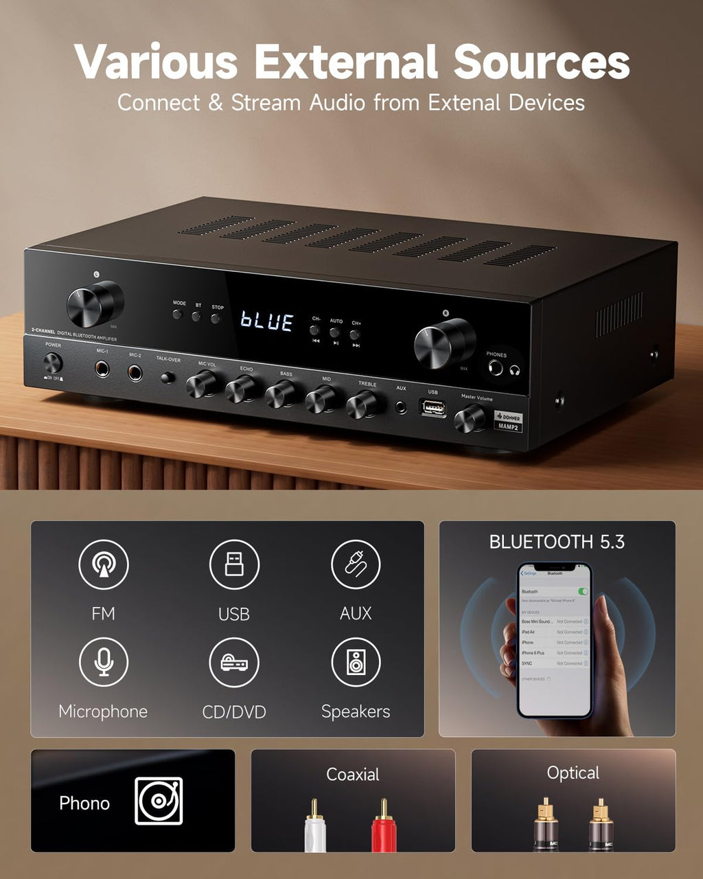 600W 2 Channel Stereo Audio Amplifier with Bluetooth R8947