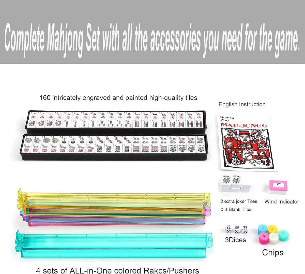 Black Quilted Soft Bag Mahjong Game Set with 166 Tiles and 4 Rack/Pushers D813077