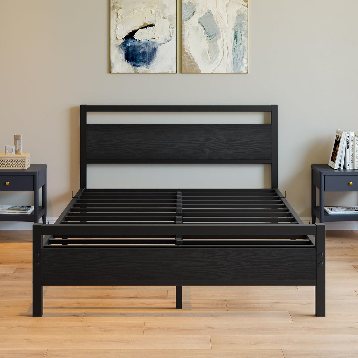 Black Full Size Bed Frame with Wood Headboard and Storage M1514
