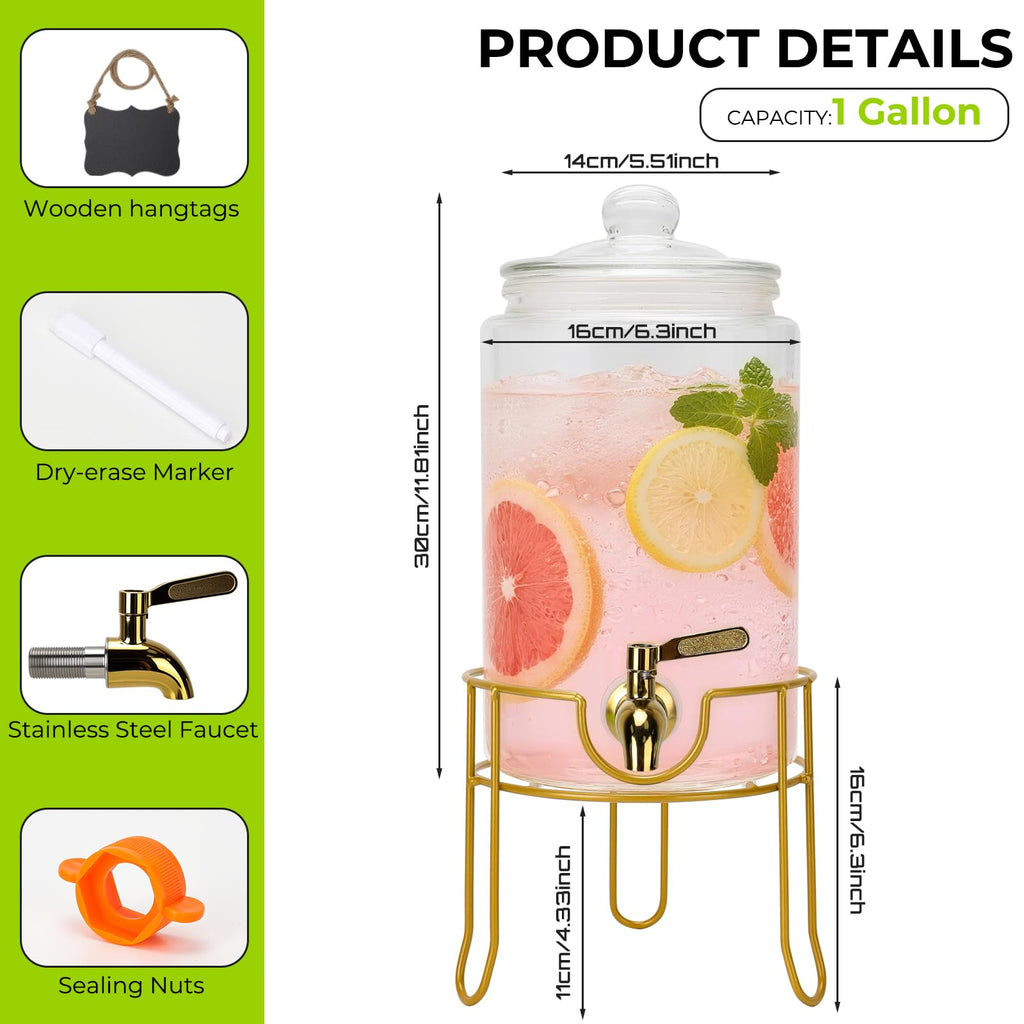 1 Gallon Glass Beverage Dispenser with Glass Airtight Lid and Stainless Steel Spigot D931