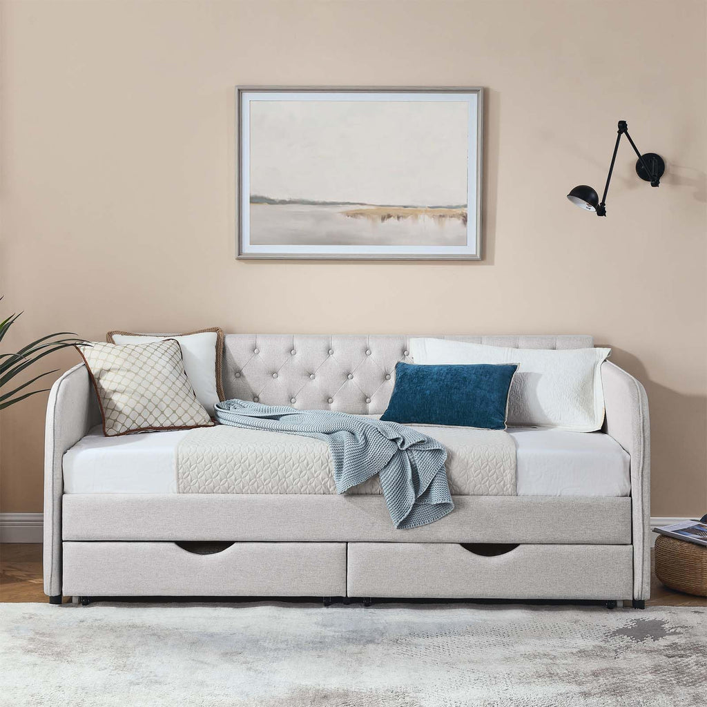 80.5" Button Tufted Linen Daybed with Drawer and Trundle T683