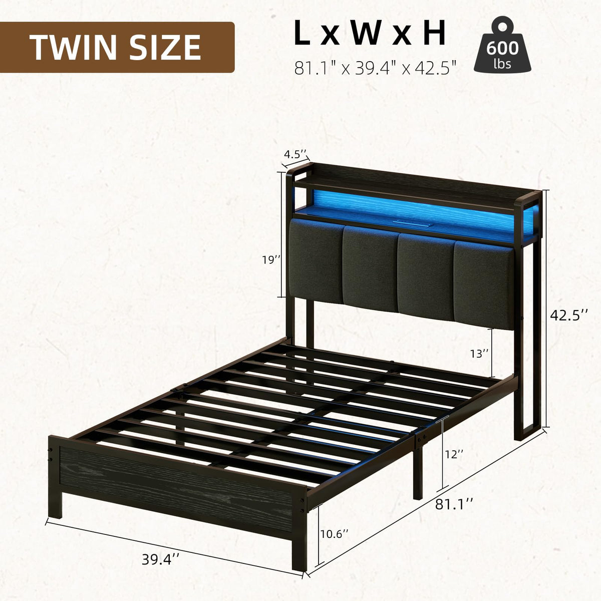 Dark Grey Twin Bed Frame with LED Lights and Charging Station F317142
