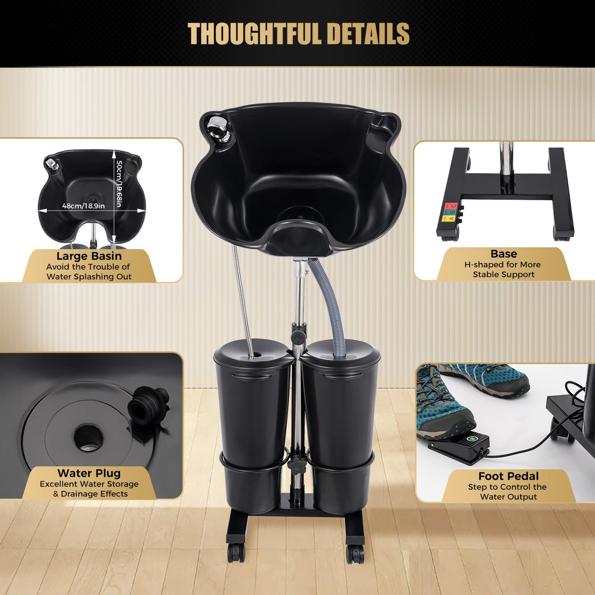 Portable Shampoo Bowl with Electric Pump, 2 Water Buckets, Height Adjustable B880461