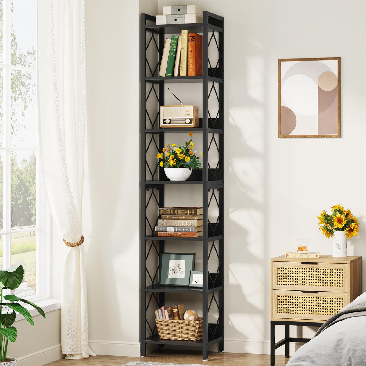 78.7 Inch Tall Skinny Narrow Black Bookshelf Bookcase Y9065
