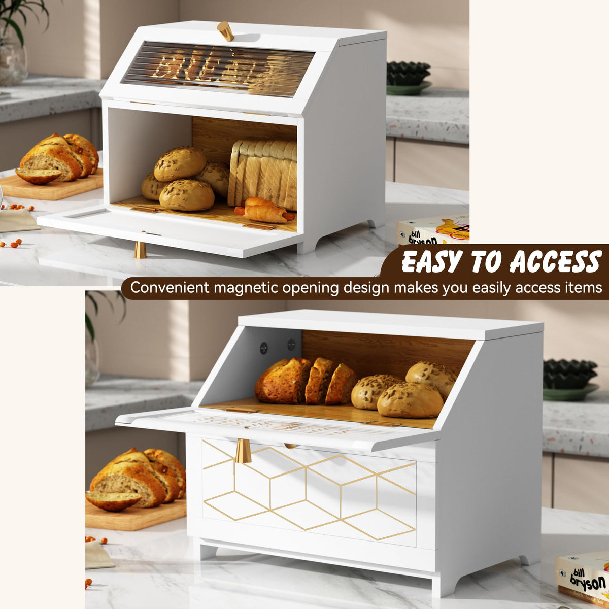 Double Layer Wooden Bread Box with Golden Trim S634863
