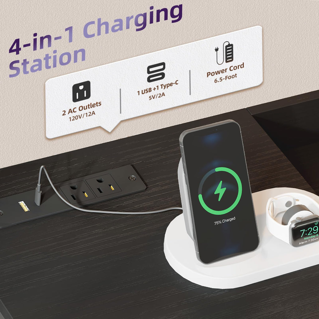 Wide 5 Drawer Nightstand with Charging Station & LED Light O334