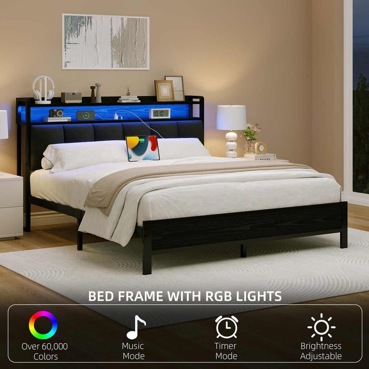 Dark Grey Twin Bed Frame with LED Lights and Charging Station F317142