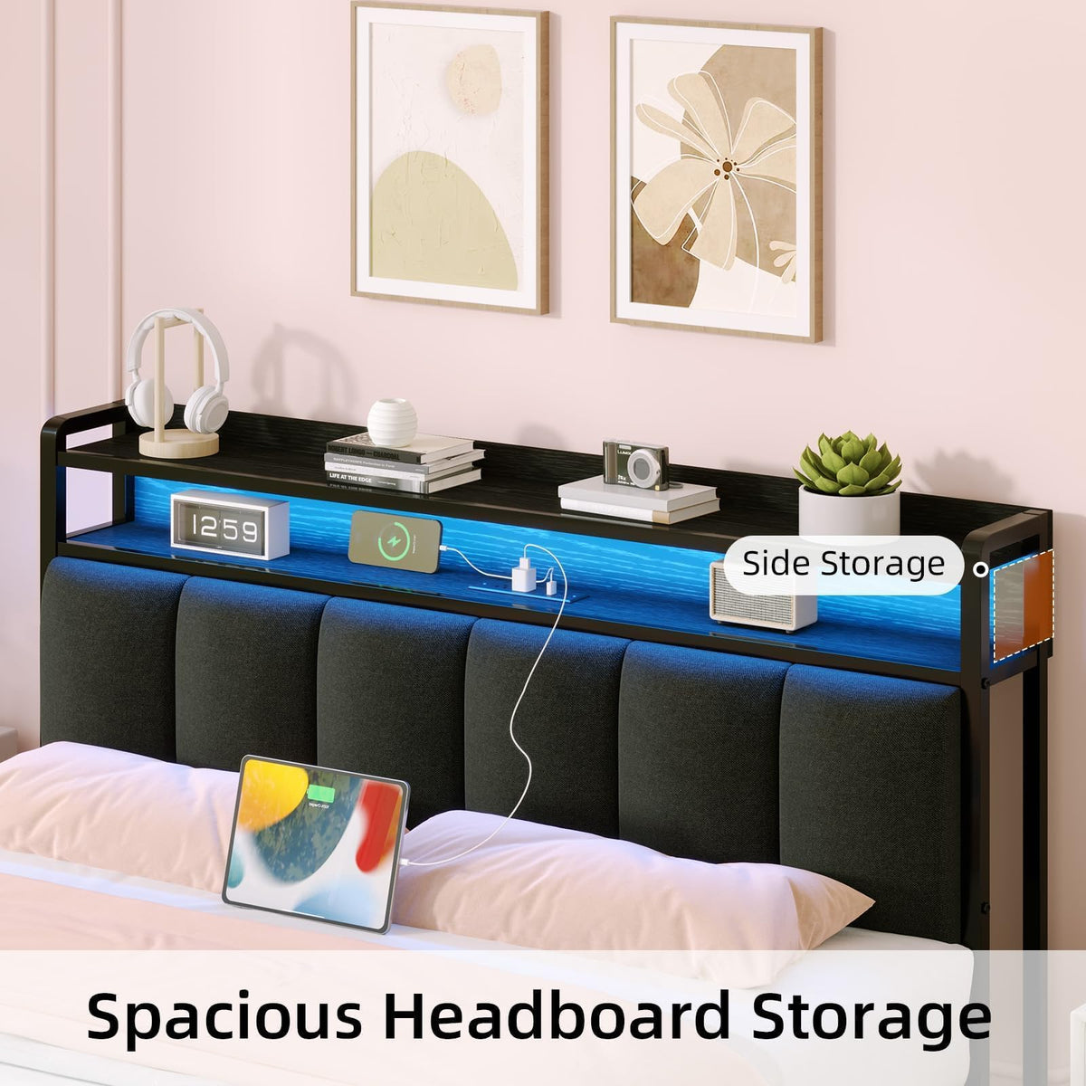 Dark Grey Twin Bed Frame with LED Lights and Charging Station F317142