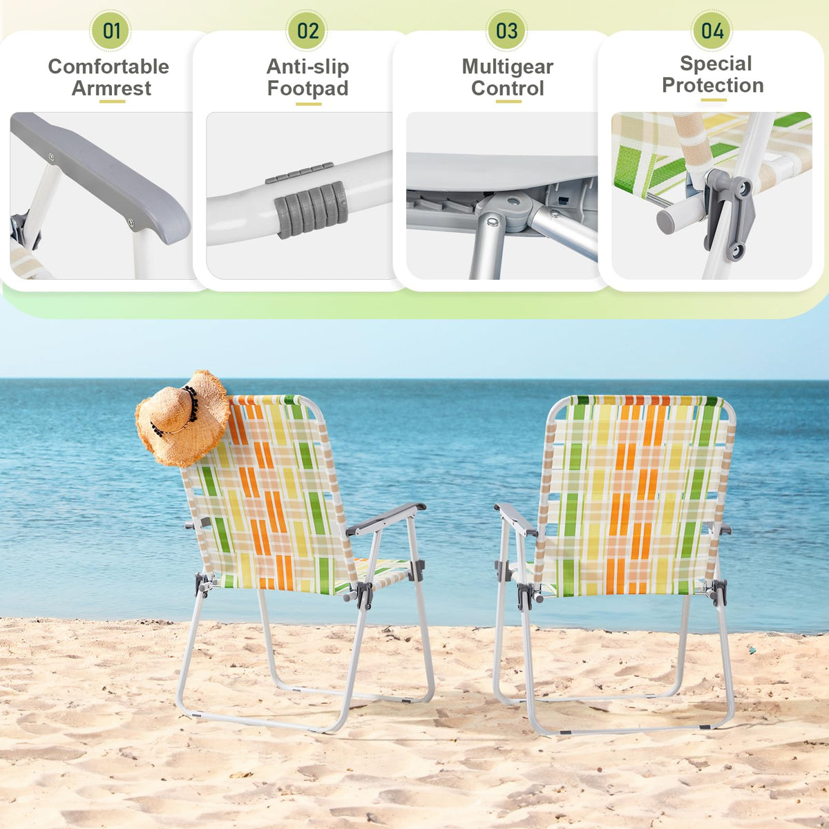 Set of 2 Webbed Folding Beach Chairs Yellow & Green Q94170