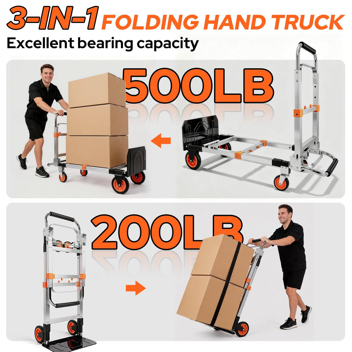 Folding Hand Truck Dolly Cart with Wheels, 500lb Load, Silver Orange J11192