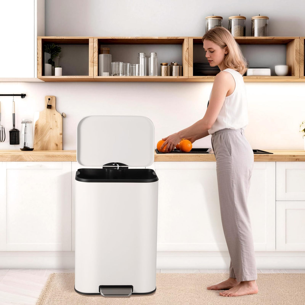 13.2 Gallon White Stainless Steel Step Trash Can D515