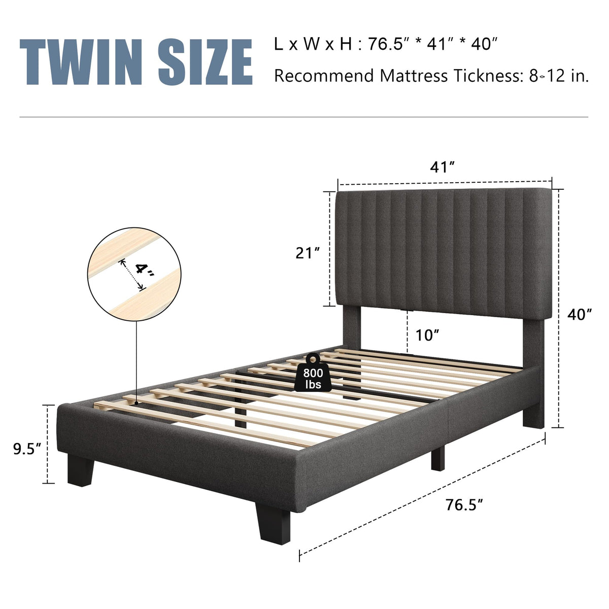 Twin Size Upholstered Linen Platform Bed Frame with Headboard B334